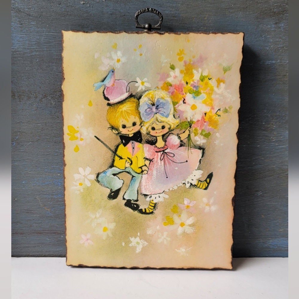 Set of 2 Art Wall Hangings Bright Pastel Girl Boy Dog Print on Wood Vintage 60s - Picture 2 of 4